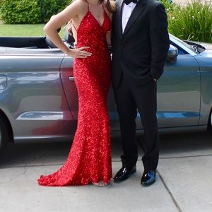 Red sparkly long prom dress